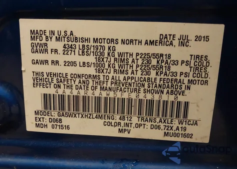 2015 Mitsubishi Outlander Sport Gt из США, поврежденный, VIN 4A4AR4AW5FE043810